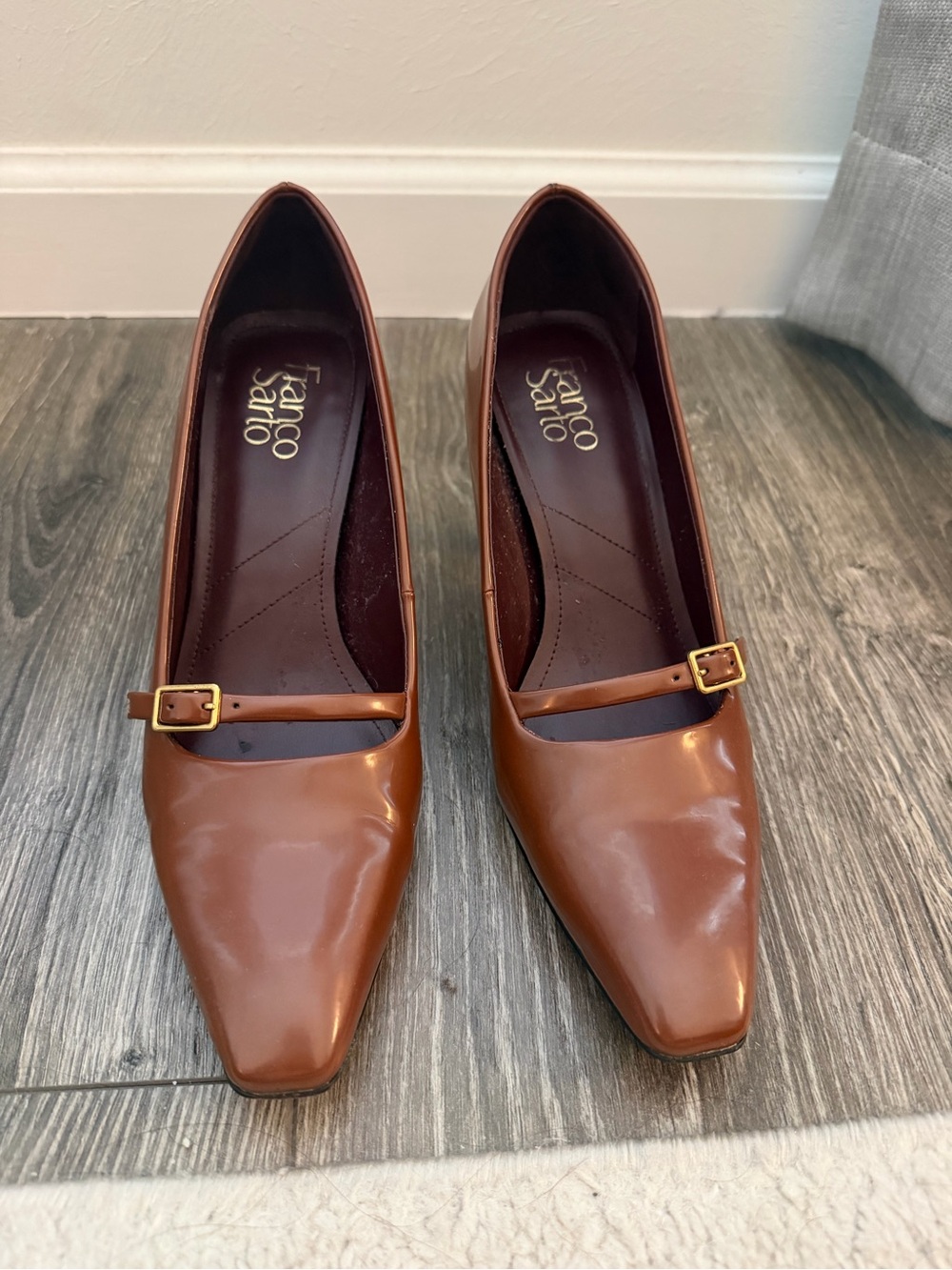 Franco Sarto Cognac Leather Mary Jane Pumps with Gold Buckle
